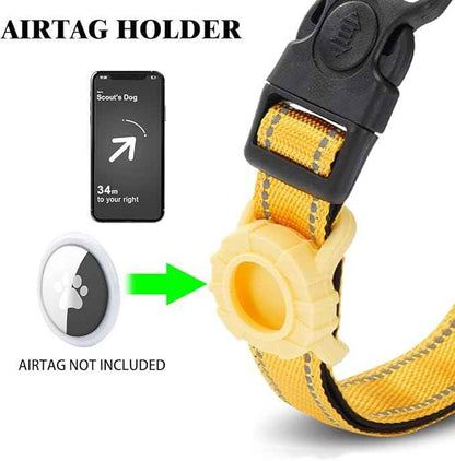 JSXD AirTag Dog Collar, Night Reflective Nylon Dog Collar for Small Medium Large Dogs,Lockable Quick Release Buckle,Padded Breathable Pet Collar with AirTag Holder (Yellow, Large)