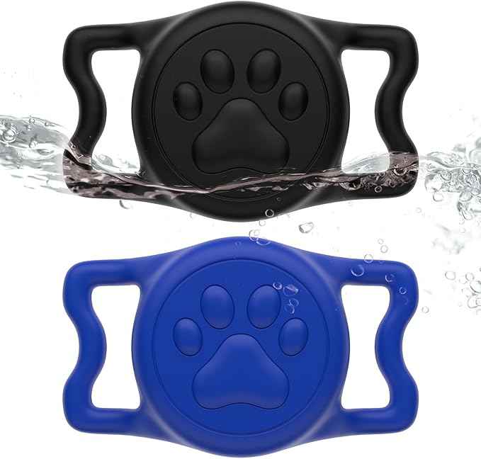 for Airtag Dog Collar Holder, Dog Airtag Holder Waterproof, Lightweight & Soft Silicone Air Tag Case for Pet Collars, Works with Multiple Tracker Tag Products (Black1+Blue1, 2 Pack)