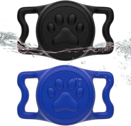 for Airtag Dog Collar Holder, Dog Airtag Holder Waterproof, Lightweight & Soft Silicone Air Tag Case for Pet Collars, Works with Multiple Tracker Tag Products (Black1+Blue1, 2 Pack)