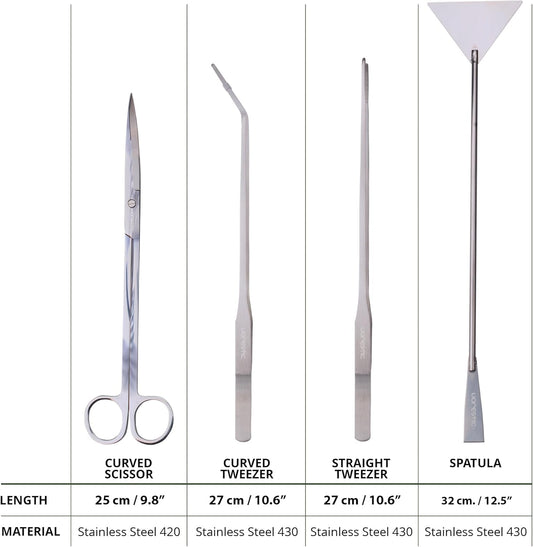 4Pcs Aquascaping Tools, Terrarium Tools, Aquarium Tools Set with Stainless Steel Aquarium Tweezers, Aquarium Scissors and Spatula - Aquascape Tools Set for Trimming, Maintenance