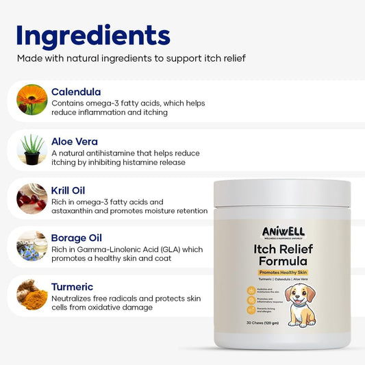 Itch Relief Formula for Dogs – Vitamin E & Borage Oil Supplement – Packed with Beneficial Fatty Acids for Healthy Skin – Seasonal Allergies Support Chews | Pack of 3