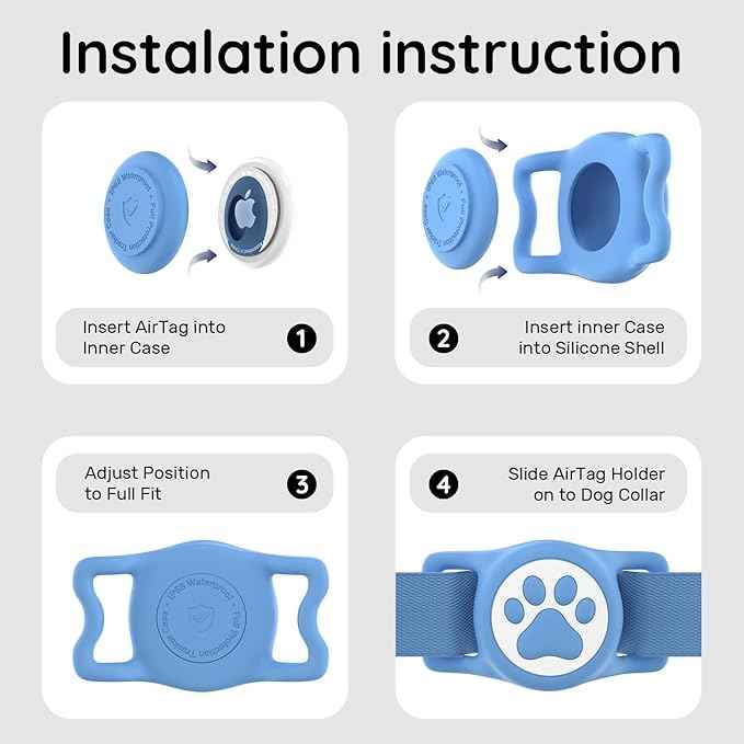 for Airtag Dog Collar Holder, Dog Airtag Holder Waterproof, Lightweight & Soft Silicone Air Tag Case for Pet Collars, Works with Multiple Tracker Tag Products (Black+Blue, 2 Pack)