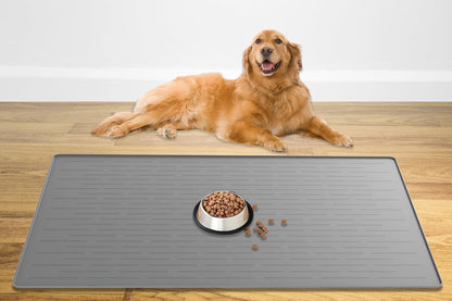 48" x 32" XXXL Largest Pet Food Mat, Silicone Dog Mats for Food and Water, Nonslip Pet Feeding Mats for Floors,Dog Cat Bowl Mat with Raised Edges, Light Gray