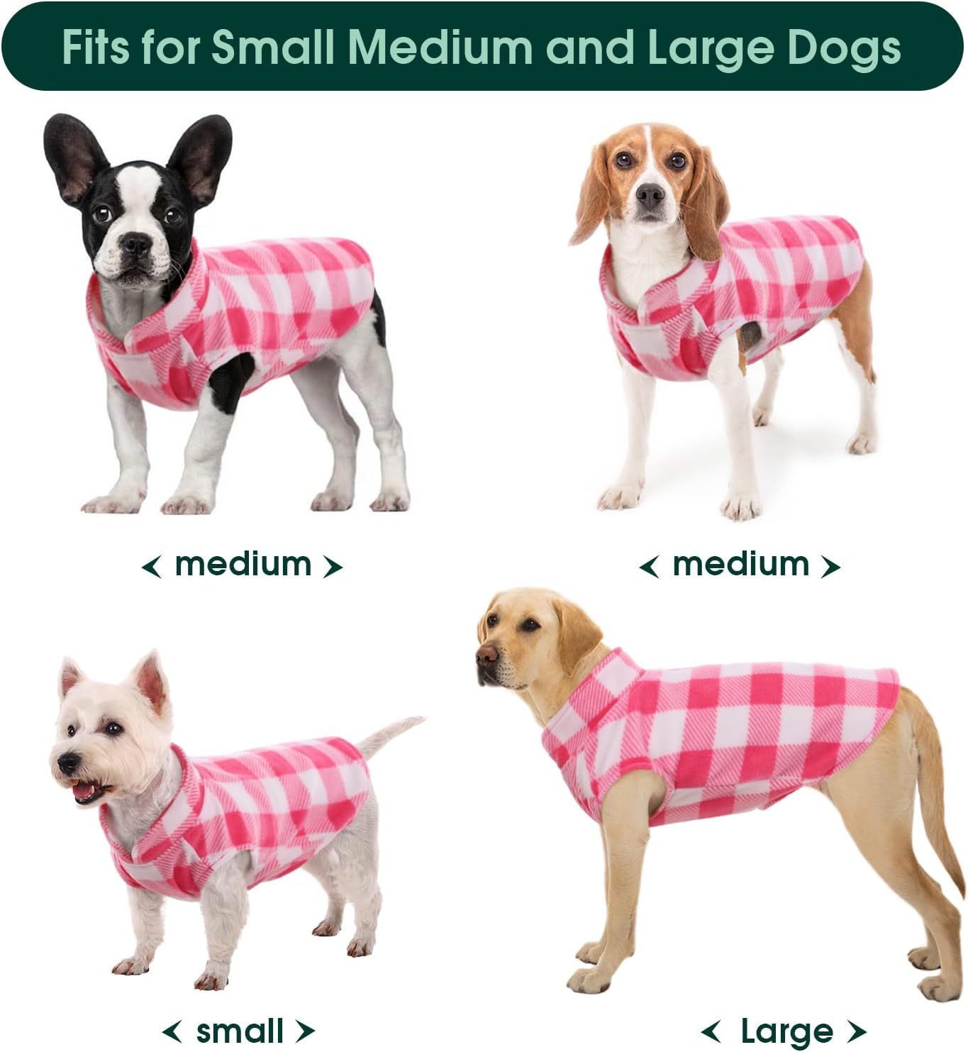 Kuoser Dog Fleece Vest,Warm Plaid Dog Sweater with Leash Hole,Soft Turtleneck Winter Pet Jacket Dogs Coat Pullover Clothes for Small Medium Dogs Cats,Spring Fall Cold Weather Christmas Outfit,Pink S