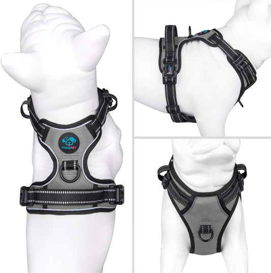 PHOEPET No Pull Dog Harness Medium Reflective Front Clip Vest with Handle,Adjustable 2 Metal Rings 2 Buckles(XL, Grey)