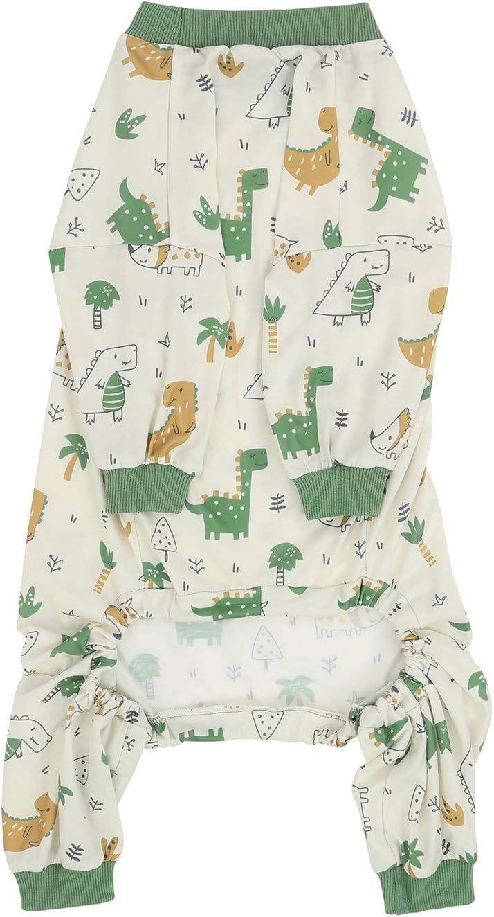 HDE Dog Pajamas One Piece Jammies Jumpsuit Pet Clothes Outfit Stretchy Lightweight Comfy Shirt Pjs for M-3XL Dogs Forest Dinos - XL