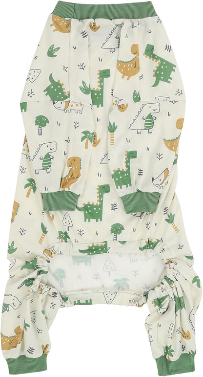 HDE Dog Pajamas One Piece Jammies Jumpsuit Pet Clothes Outfit Stretchy Lightweight Comfy Shirt Pjs for M-3XL Dogs Forest Dinos - XL