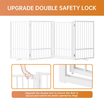 Full Metal Freestanding Dog Gate with Door, 32''Height Foldable Pet Dog Fence for Indoor & Outdoor, 4 Panels Extra Wide Free Standing TallDog Gates for Doorways,House,Stairs,Porch,Deck,Yard