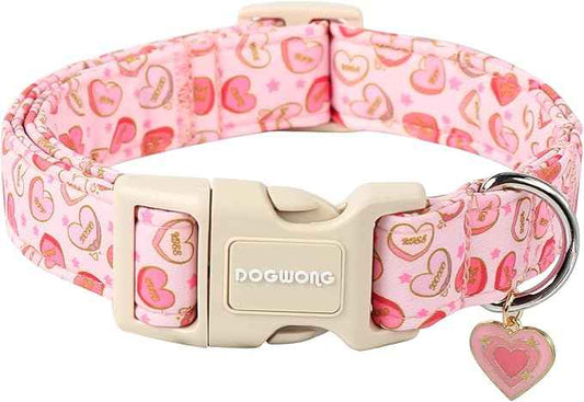 DOGWONG Pink Heart Dog Collar, XL (1.2" W x 16-26" L), Soft & Comfortable, Valentine's Day Special, for Small, Medium, Large Dogs