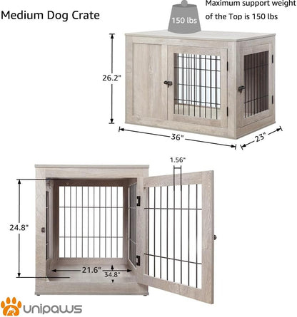 unipaws 36 Inch Furniture Style Dog Crate for Medium Dogs, Indoor Puppy Kennel with Door, Modern Decorative Wood Wire Pet Cage, Pretty Cute End Side Table Nightstand, Weathered Grey
