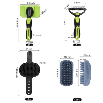Dog Brush Kit for Grooming Short & Long Haired Dogs & Cats, 4-in-1 Pet Grooming Set with Self-Cleaning Slicker Brush, Deshedding Tool, Shampoo Bath Comb, Massge Comb (Green Black)