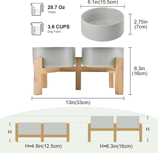 SPUNKYJUNKY Elevated Dog Bowls Ceramic, 6.1'' Dogs and Cat Food Water Bowls Raised with Non-Slip Bamboo Stand for Medium Sized Breed Microwave Dishwasher Safe - 28.7 OZ,Grey