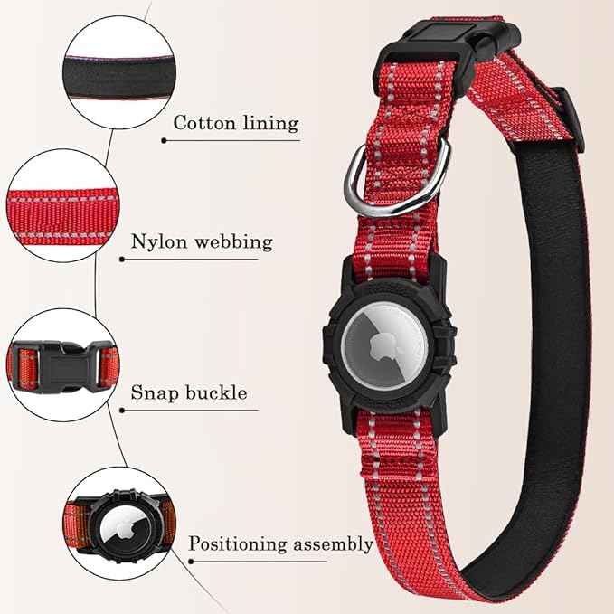 Airtag Dog Collar with Waterproof Air Tag Holder, Integrated Reflective Pet Collar with Soft Padding, Adjustable Nylon Collar for Small Medium Large Dogs, Red, S (11.8"-15.7")
