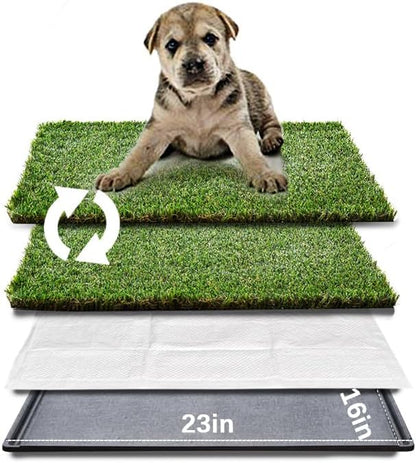 HQ4us Dog Grass Pad with Tray Small 23" x 16" Dog Litter Box Toilet for Puppy (No Grate) with 2×Artificial Grass for Dogs with Hemmed Edge, Pee Pads for Dogs, Realistic, Less Stink, Potty for Balcony