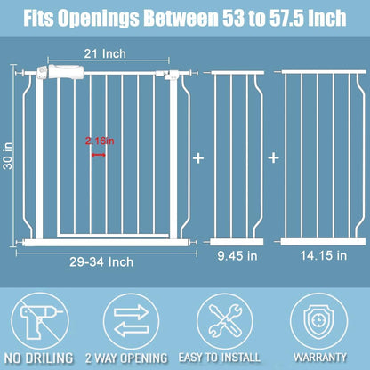 White Extra Wide Baby Gate 53-57.5 inch for Doorways Stairs Pressure Mount Baby Gate Automatic Close Child Dog Pet Safety Toddler Gates with Extensions
