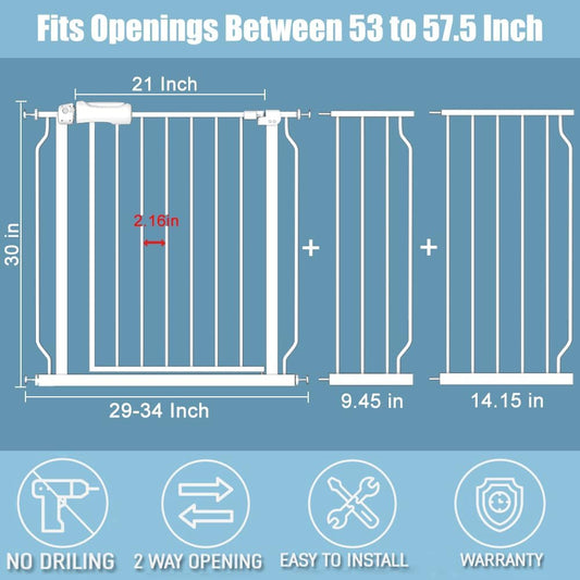 White Extra Wide Baby Gate 53-57.5 inch for Doorways Stairs Pressure Mount Baby Gate Automatic Close Child Dog Pet Safety Toddler Gates with Extensions