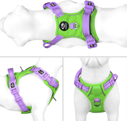 PHOEPET No Pull Dog Harness, Unique Colors Reflective Adjustable Dog Vest, with Soft Training Handle Metal Clips for Small Medium Large Dogs (Green Base & Purple Straps,M)