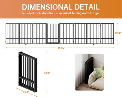 Full Metal Freestanding Dog Gate with Door, 32''Height Foldable Pet Dog Fence for Indoor & Outdoor, 8 Panels Extra Wide Free Standing TallDog Gates for Doorways,House,Stairs,Porch,Deck,Yard