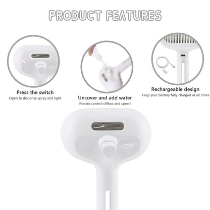 Spray Cat Pet Grooming Brush with Water Sprayer - Hair Removal Comb for Cats and Dogs, White Shedding and Bath Brush with Steam Release