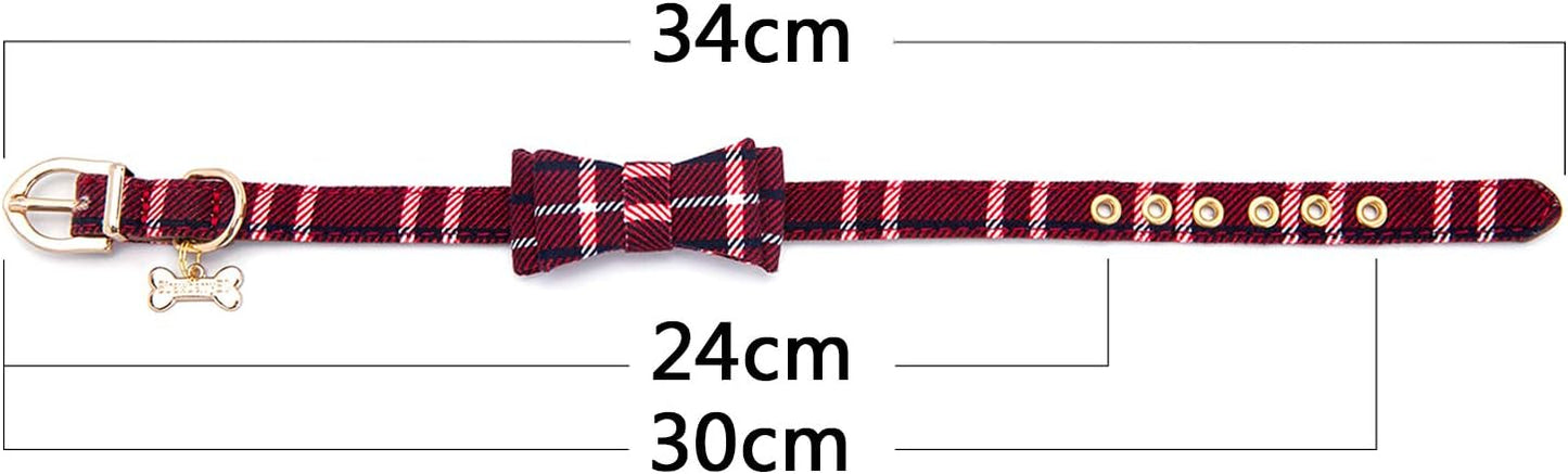 Puppy Collars for Small Dogs - StrawberryEC Adjustable Puppy Id Buckle Collar Leather. Cute Plaid Red Bowtie Dog Collar (Bow-Red)
