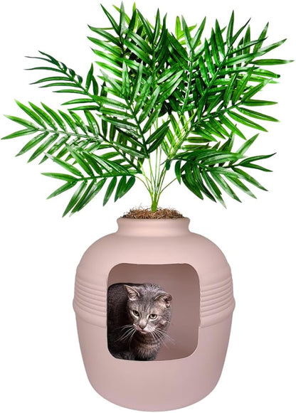 Good Pet Stuff Hidden Litter Box Planter, Decorative Cat Litter Enclosure with Carbon Filter, Artificial Plant, Easy Clean, Indoor Design, Original Round Style, Base Kit, Pink Coral