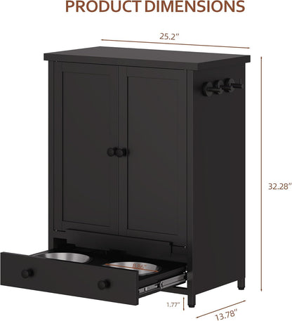 Dog Feeding Station with Storage, Metal Dog Food Storage Cabinet with 2 Elevated Bowls and 3 Hooks, Pet Feeding Station and Food Storage Organizer, Black