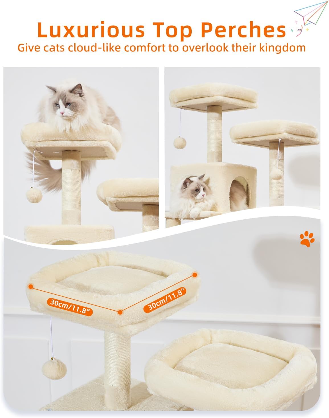 Taoqimiao Cat Tree, 68-Inch Cat Tree Cat Tower for Indoor Cats, Plush Multi-Level Cat Condo with 6 Scratching Posts, 2 Perches, 2 Caves,Hammock, 3 Pompoms,MS020SM Beige