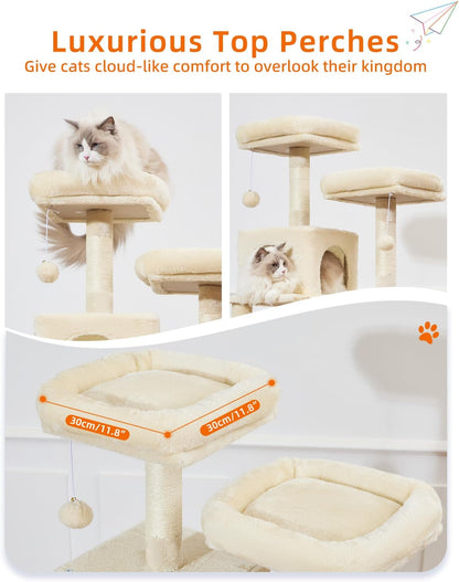 Taoqimiao Cat Tree, 68-Inch Cat Tree Cat Tower for Indoor Cats, Plush Multi-Level Cat Condo with 6 Scratching Posts, 2 Perches, 2 Caves,Hammock, 3 Pompoms,MS020SM Beige