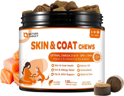 NATURE TARGET Omega 3 Fish Oil for Dogs, Salmon Oil Skin and Coat Supplement for Dogs Itchy Skin Relief with Omega 3-6-9 (EPA & DHA), Zinc, Biotin and Vitamin E & C - 120 Salmon Flavored Soft Chews