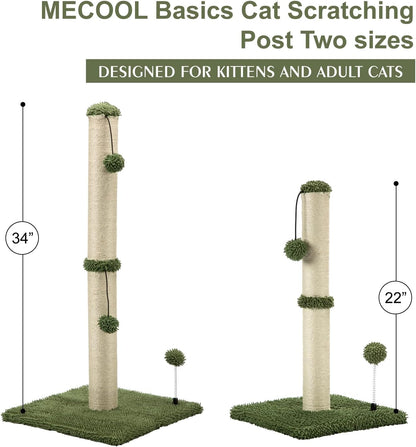 MECOOL 34“ Tall Cat Scratching Post Premium Basics Kitten Scratcher Sisal Scratch Posts Trees with Hanging Ball for Indoor Cats (34 inches for Adult Cats, Cactus Green)