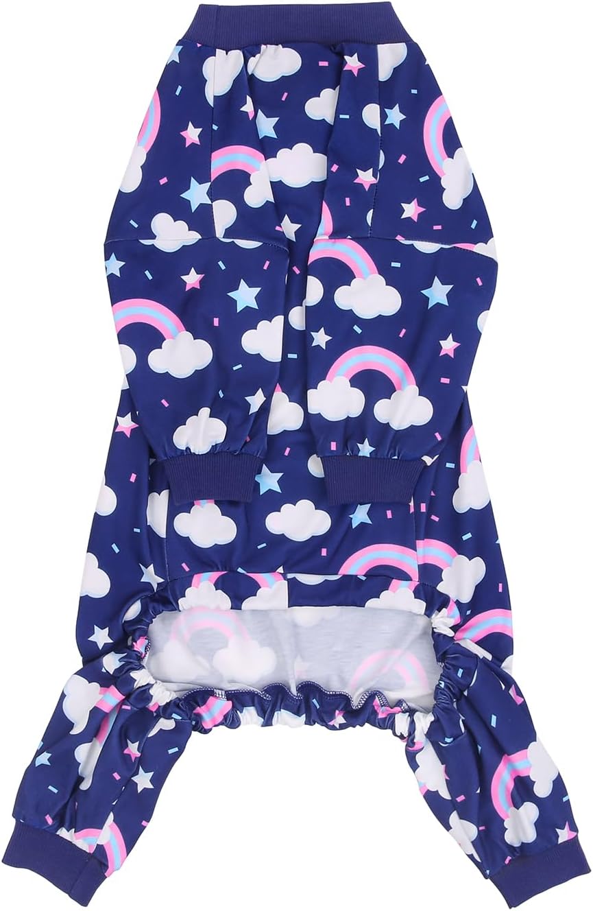 HDE Dog Pajamas One Piece Jammies Jumpsuit Pet Clothes Outfit Stretchy Lightweight Comfy Shirt Pjs for M-3XL Dogs Rainbows - 2XL