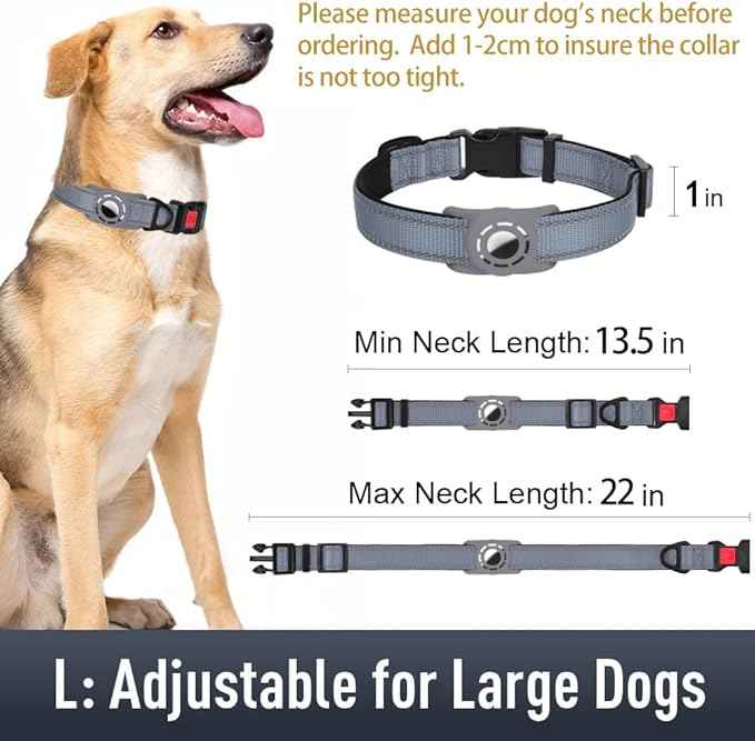 AirTag Dog Collar with AirTag Holder Compatible for Air Tag, Reflective Soft Padded, Safety Locking Buckle, Adjustable Nylon for Small Medium Large Dogs (Grey,L)