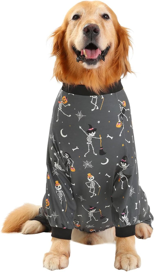 HDE Dog Pajamas One Piece Jumpsuit Lightweight Dog PJs Shirt for M-3XL Dogs Skeleton Bones - L
