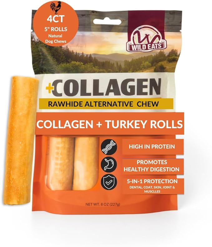 Wild Eats Turkey Flavor Collagen Retriever Style Cheek Rolls 5" Dog Chews-4 Pack (Long Lasting Dog Chews Treats & Bones for Medium Dogs) Substitute for Pig Ears for Dogs
