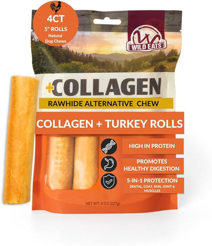 Wild Eats Turkey Flavor Collagen Retriever Style Cheek Rolls 5" Dog Chews-4 Pack (Long Lasting Dog Chews Treats & Bones for Medium Dogs) Substitute for Pig Ears for Dogs