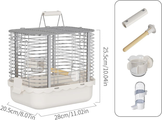 Bird Carrier Travel Cage, Durable Portable Stainless Steel Birdcage with Bird Perch & Feeding Bowl for Parrots Canaries Budgies Lovebirds Conures Cockatiels (Small White)