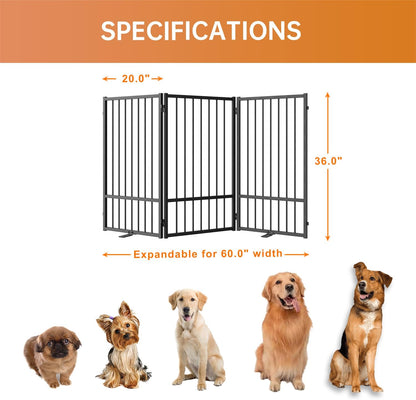 Full Metal Freestanding Dog Gate with Door, 36''Height Foldable Pet Dog Fence for Indoor & Outdoor, 3 Panels Extra Wide Free Standing TallDog Gates for Doorways,House,Stairs,Porch,Deck,Yard
