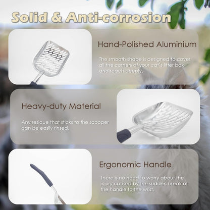 Heavy-Duty Metal Cat Litter Scoop with Holder, Aluminum Cats Litter Scooper Captures All Clumps, Kitty Metal Scooper and Holder (White)