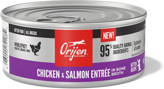 ORIJEN Premium Pate Wet Kitten Cat Food in Bone Broth Chicken & Salmon Entrée 5.5oz Cans (6 Count)
