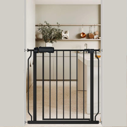 Black Baby Gate 29-34 Inch Wide Walk Through Pressure Mounted Safety Gate with Door No Drill Tension Metal Gate for Dog Cat and Toddler
