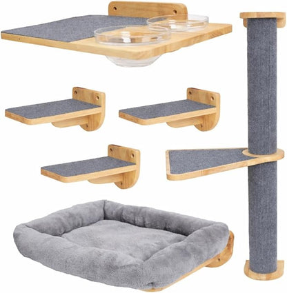 Cat Wall Shelves – Cat Wall Climber with Cat Scratch Post, Removable Bed, Climbing Steps, and Feeding Terrace with Glass Bowls, Waterproof Rubberwood Pet Furniture