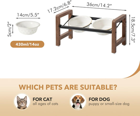 5.5inch Ceramic Adjustable Raised Double Bowls Set with Stand, 3 Heights Elevated, 2 Placement Options,Food and Water Dishes for Puppy, Cats(Double Bowls+Stand, Reactived Glaze -White
