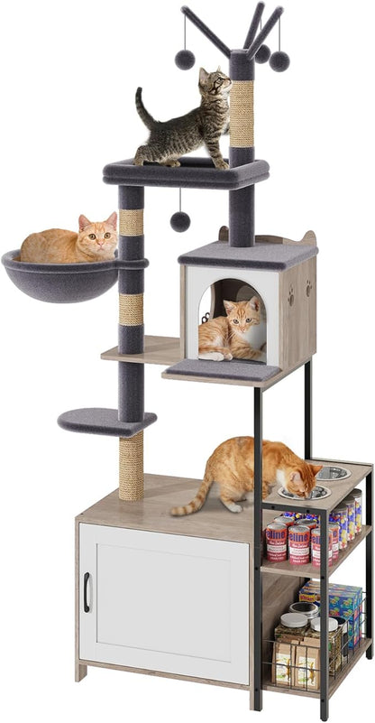 HavenlyYouth Cat Tree with Food Station and Litter Box Enclosure, Multi-Level Cat Tree Tower with Sisal Scratch Posts for Playtime, Plush Hammock in Gray for Cozy