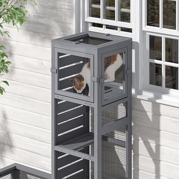 COZIWOW Wooden Cat Play Tunnel with Platforms – Configurable Window Catio, Multi-Combination Extendable Cat Run & Small Pet Play Enclosure for Indoor/Outdoor Use