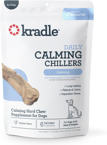 Kradle Chillers Hard Chews for Dogs - Ashwaganda GABA L-Theanine - Supports a Calm Demeanor - 6 Hard Chews