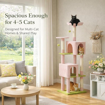 62" Flower Cat Tree for Large Cats, Multi-Level Cat Tower with 2 Plush Condos, Soft Bed, Scratching Posts & Pad, Padded Perch & 2 Hanging Pompoms for Indoor Cats,Pink