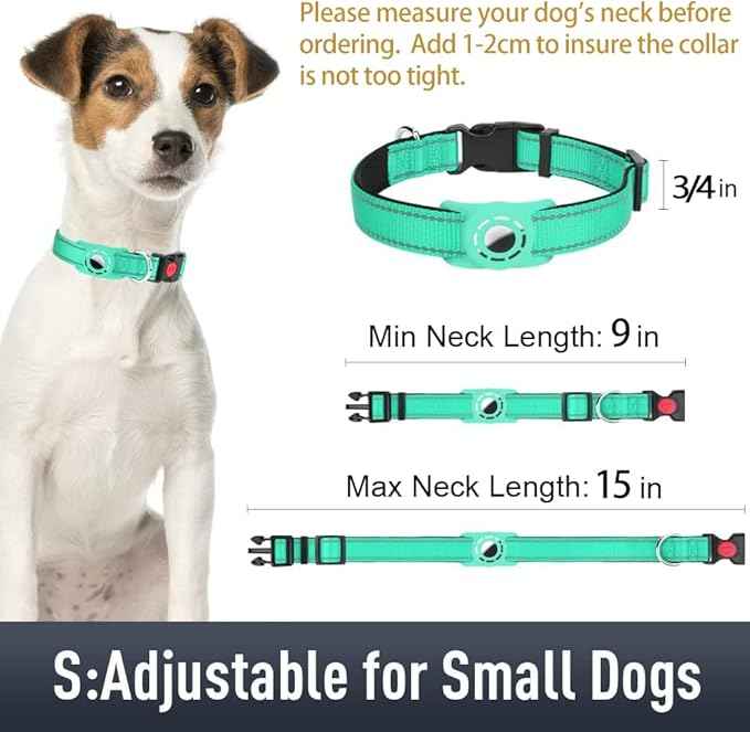 AirTag Dog Collar with AirTag Holder Compatible for Air Tag, Reflective Soft Padded, Safety Locking Buckle, Adjustable Nylon for Small Medium Large Dogs (Teal,S)