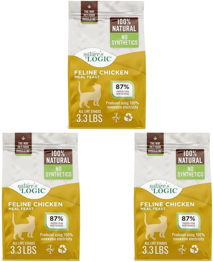 NATURE'S LOGIC Feline Chicken Meal Feast Cat Food - High-Protein Dry Food for Cats, 100% Natural Nutrition with Probiotics & Prebiotics - All Life Stages - Chicken, 3.3lbs (Pack of 3)