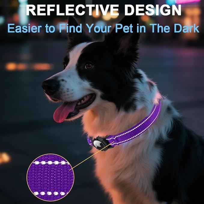 Airtag Dog Collar with Waterproof Air Tag Holder, Integrated Reflective Pet Collar with Soft Padding, Adjustable Nylon Collar for Small Medium Large Dogs, Purple,M (14.5"-19.7")