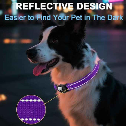 Airtag Dog Collar with Waterproof Air Tag Holder, Integrated Reflective Pet Collar with Soft Padding, Adjustable Nylon Collar for Small Medium Large Dogs, Purple,L (16.1"-23.6")